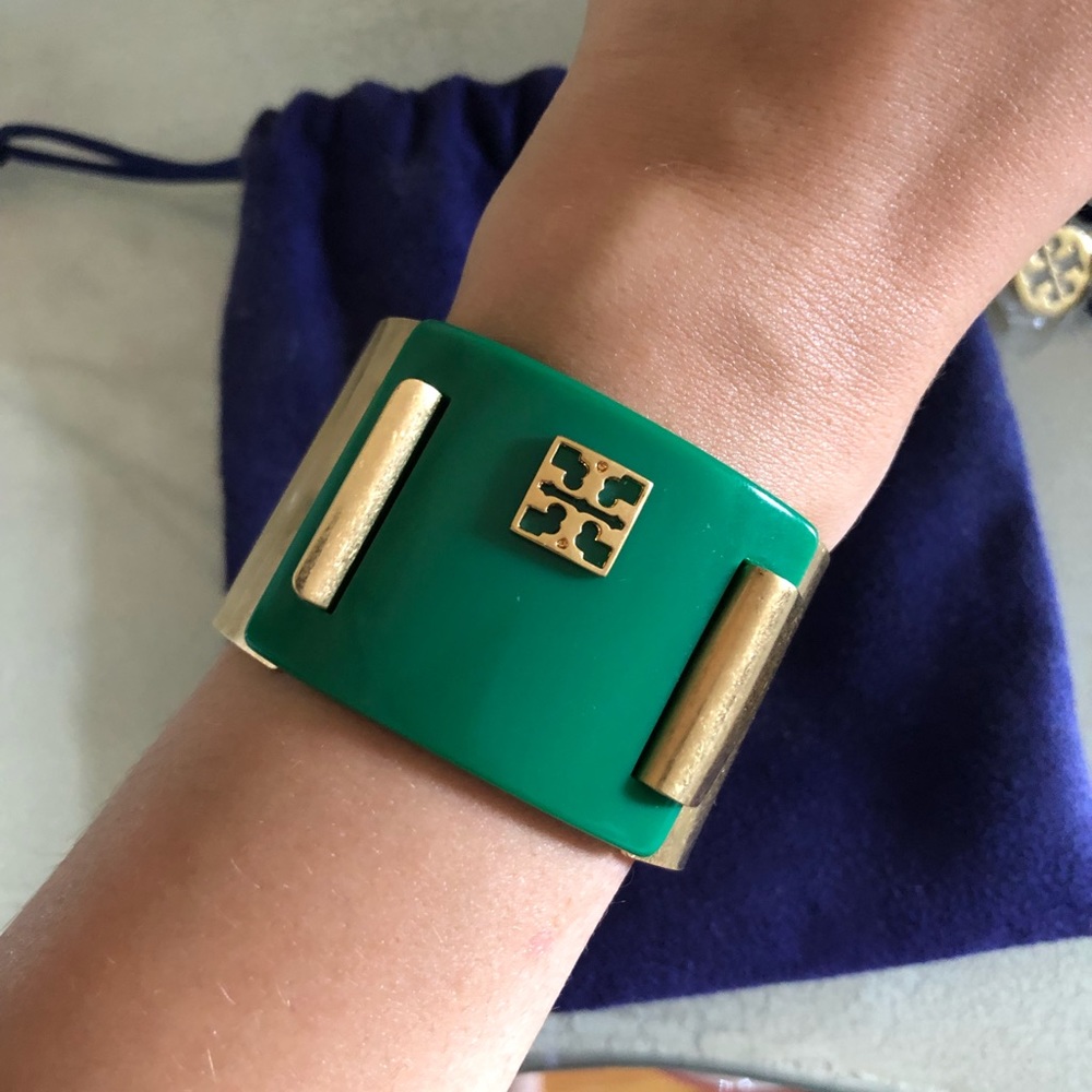 Tory Burch Green Gold Cuff Bracelet Logo